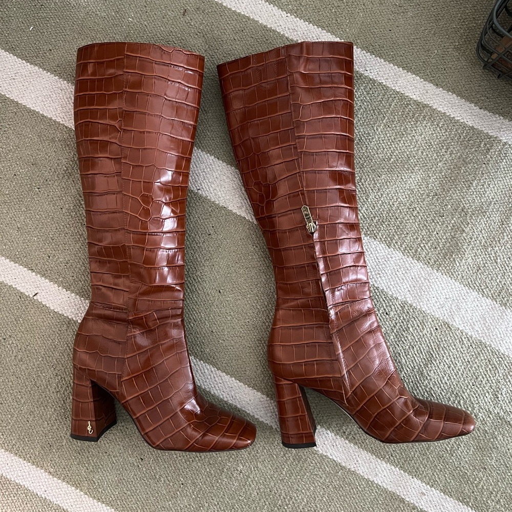 Sam Edelman Clarem Brown Croc-Embossed Knee-High Boots - Size 8